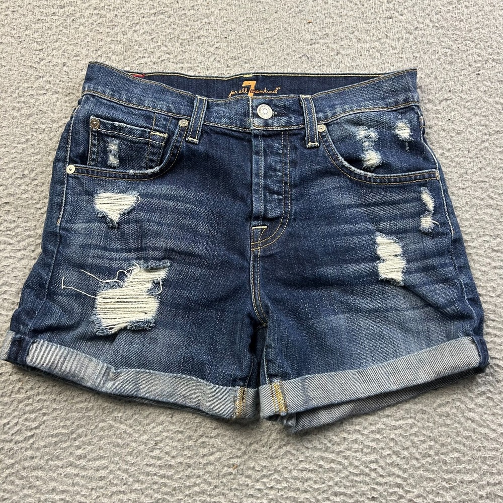 7 FOR ALL MANKIND Shorts Women Blue Denim Distressed High Waist Roll Cuff SZ 24
